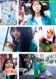 A collage of photos of a woman eating a sandwich.