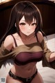 Anime girl with long black hair wearing a brown top.